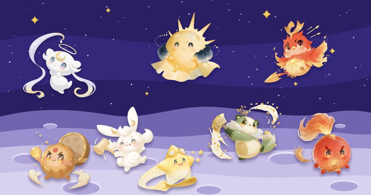 The Mid-Autumn monster card friends standing on a moon