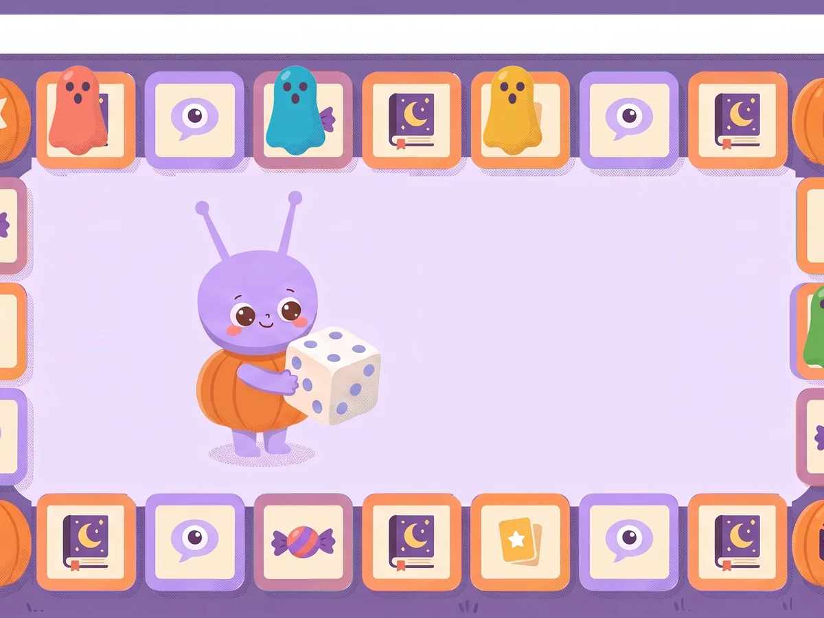The Halloween board game: Bobo in a pumpkin costume holding a dice, ghost pawns on a ring of tiles round a pumpkin patch