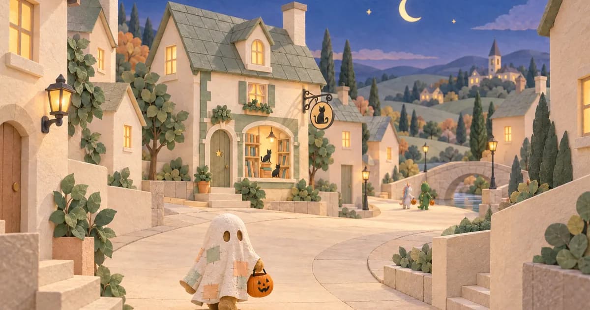 A little bear in a patched ghost blanket walks into a paper town at night with a pumpkin bucket