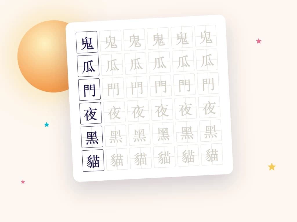 A tracing sheet with the characters 鬼 瓜 門 夜 黑 貓