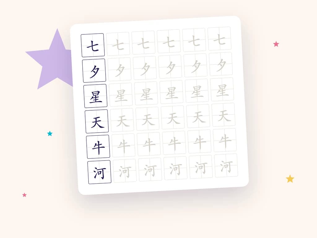 A tracing sheet with the characters 七 夕 星 天 牛 河
