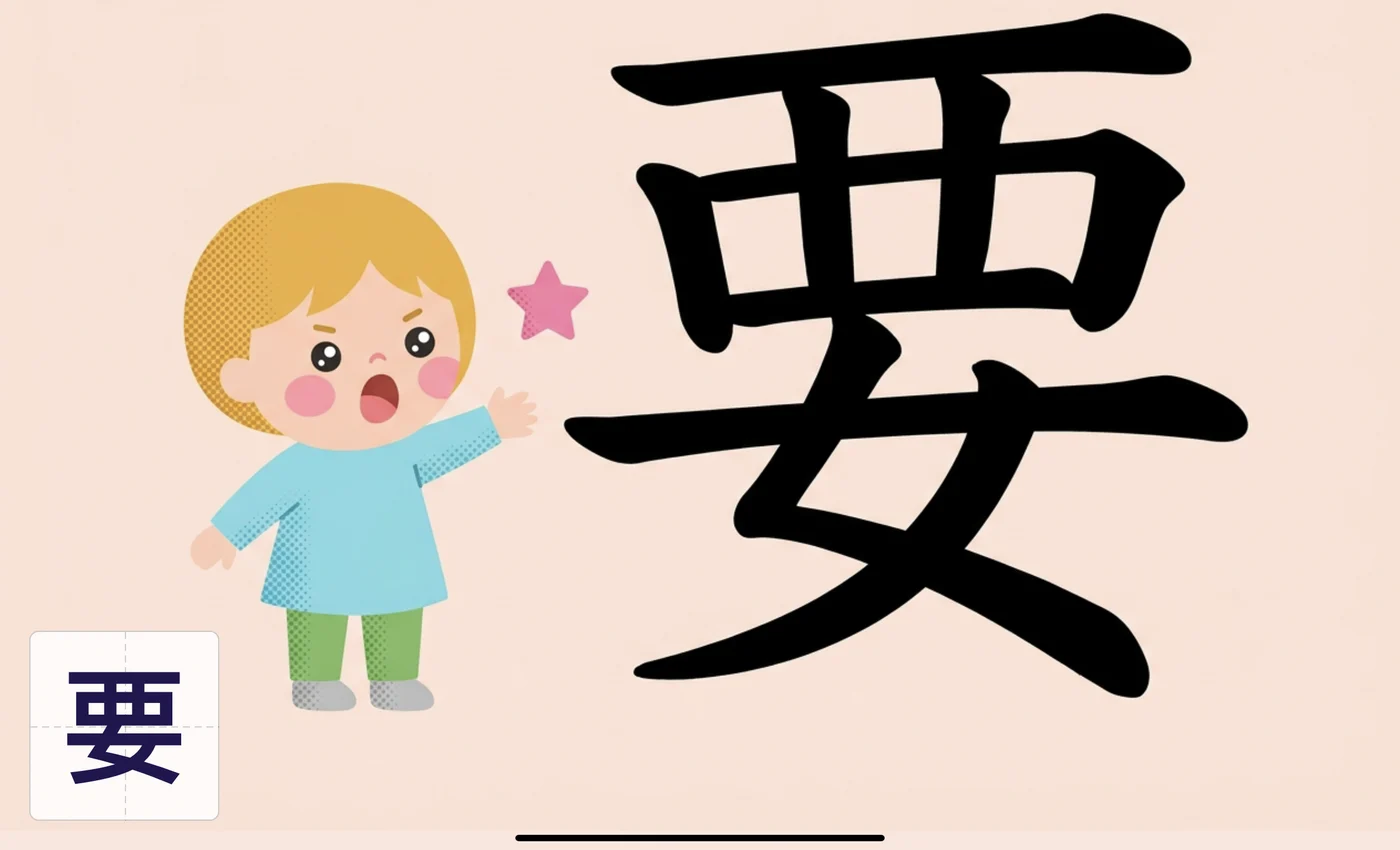 app 裡的認字畫面,小朋友指著大大的「要」