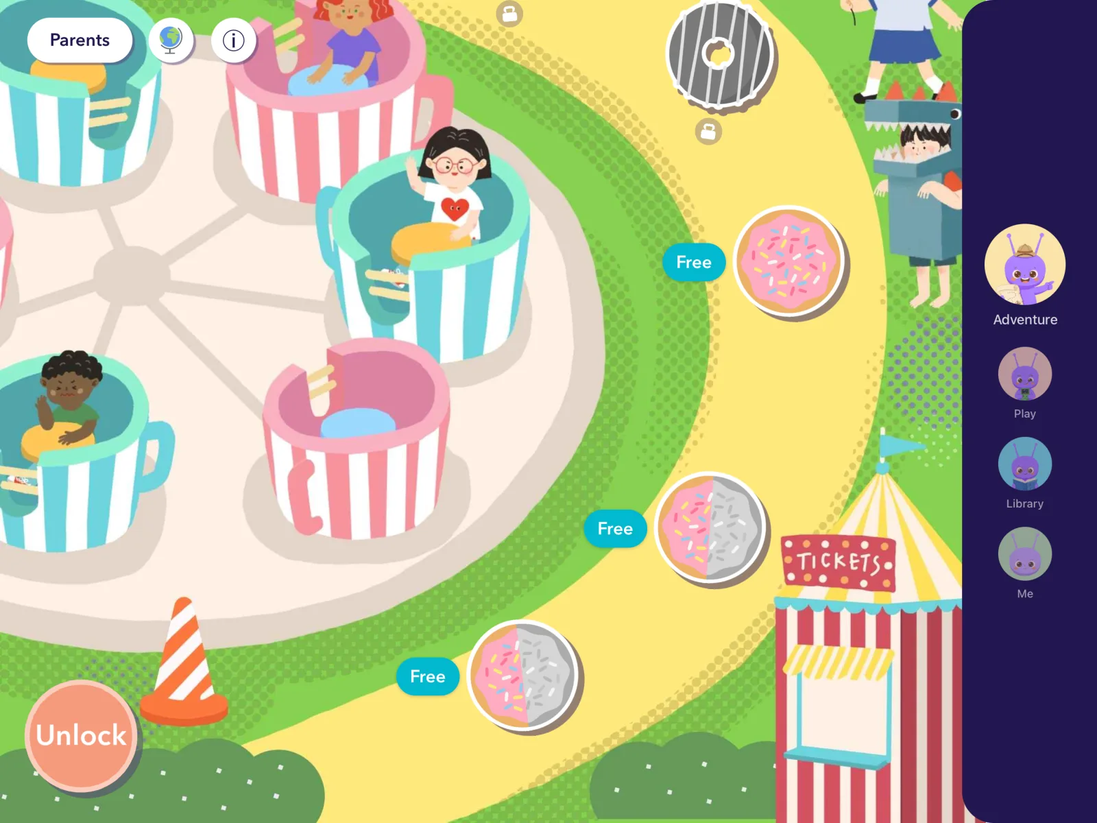 Adventure map — a tea-cup amusement park where kids unlock Chinese characters by playing