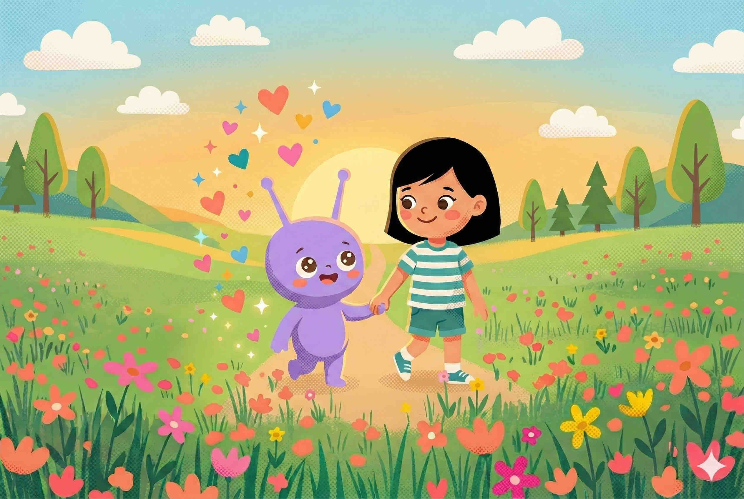 Bobo and a child learning Chinese together in a colorful meadow